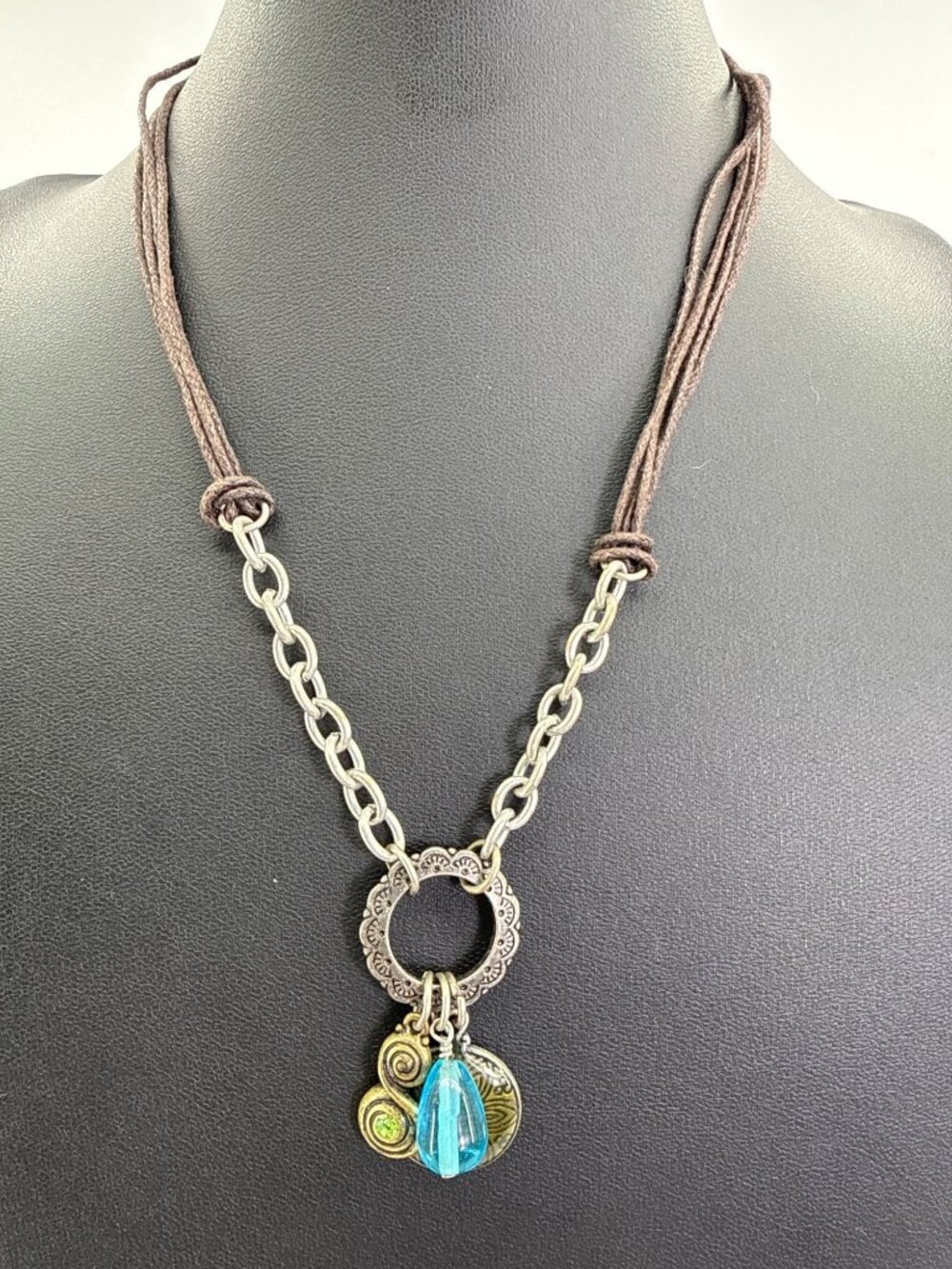Boho Mixed Media Cord Chain Charm Necklace Turquoise Teardrop Accent